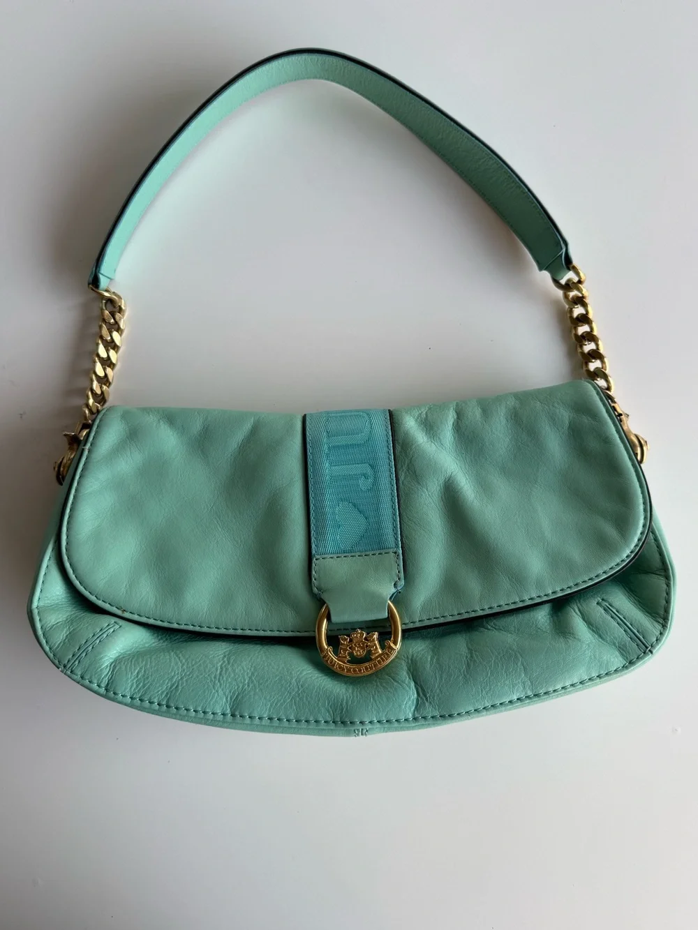 Vintage Juicy Couture Turquoise Leather Shoulder Bag Heart Mirror Y2K
